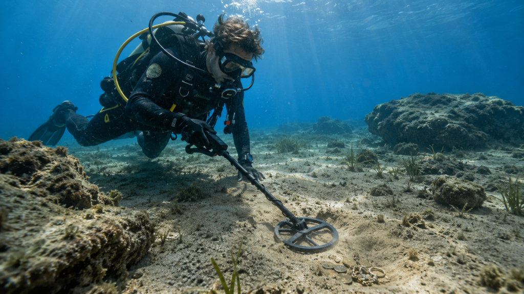 Underwater metal detecting scene with detector coil near rocks and coins.