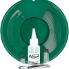Asr outdoor 5-piece green gold prospecting beginners kit – dual riffle gold pan, snifter bottle, vials & tools