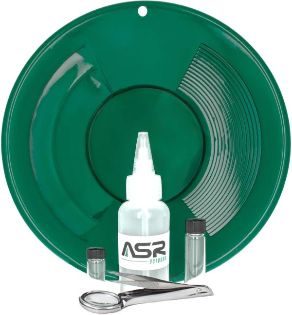 Asr outdoor 5-piece green gold prospecting beginners kit – dual riffle gold pan, snifter bottle, vials & tools