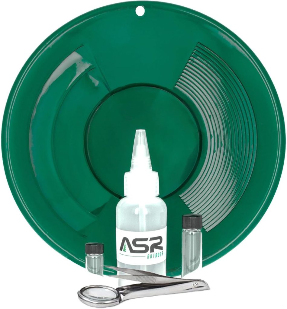 Green dual riffle gold pan with a snifter bottle, two glass vials, and magnifying tweezers