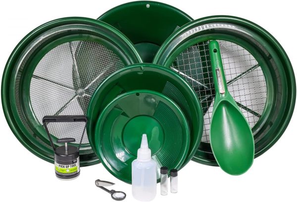 Asr outdoor 11pc gold panning kit – classifier screens, dual riffle gold pans & prospecting tools (green)