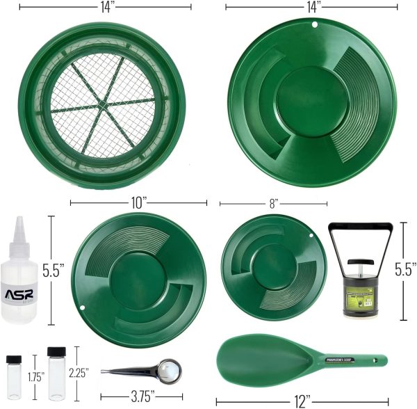 Asr outdoor 11pc gold panning kit – classifier screens, dual riffle gold pans & prospecting tools (green)