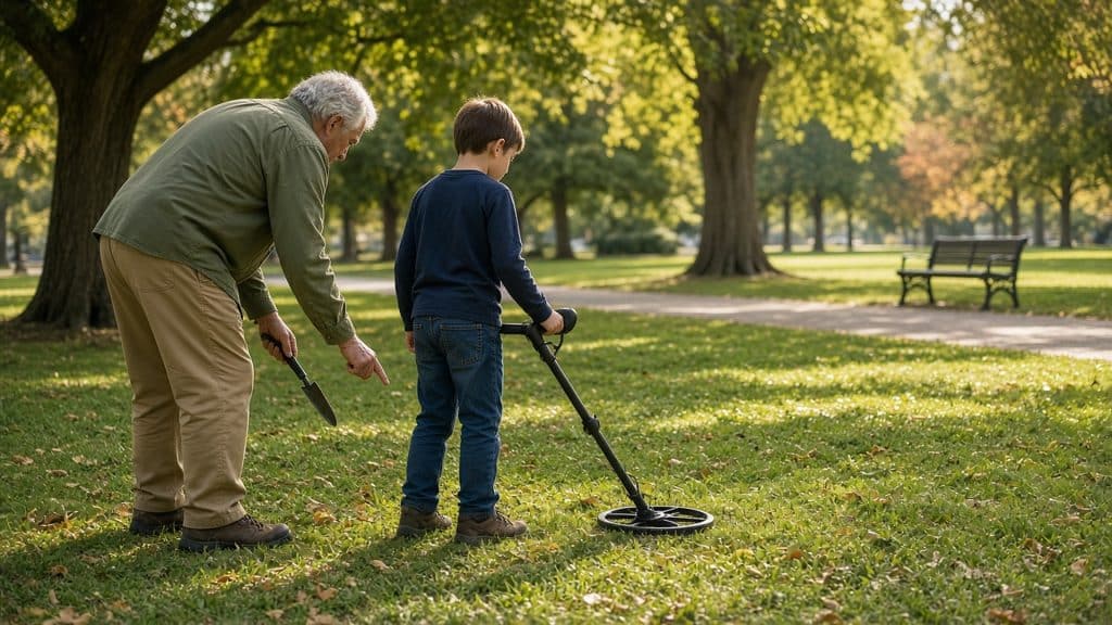 Best Metal Detectors For Christmas 2026: Tom’s Picks By Budget 2 Ai illustration of a grandfather and grandchild using a generic metal detector in a sunny park