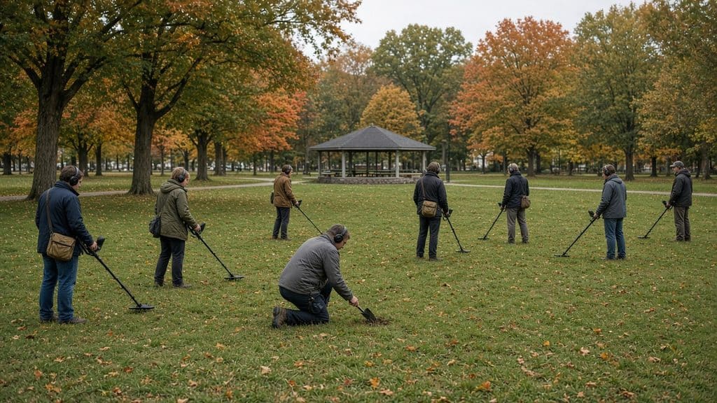 Best Metal Detectors For Christmas 2026: Tom’s Picks By Budget 9 Ai illustration of a group of hobbyists metal detecting across an autumn park