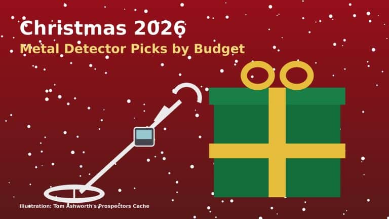 Illustration of a generic metal detector next to a wrapped christmas gift for the best metal detectors for christmas 2026