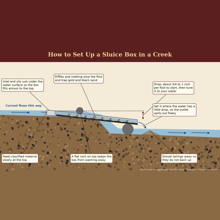 How To Use A Sluice Box: Setup, Angle, And Water Flow For Beginners 2 Diagram showing how to use a sluice box in a creek, with the inlet just under the water, about 3/4 to 1 inch of drop per foot, riffles trapping gold, and tailings shoveled away