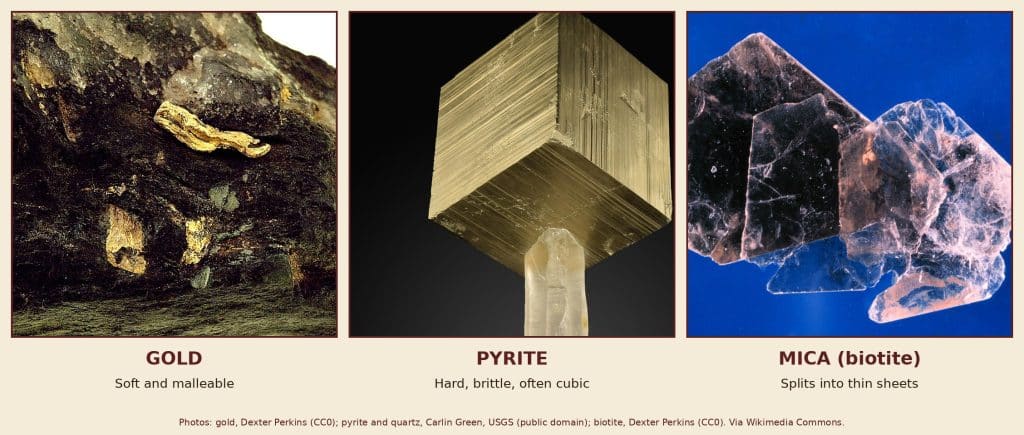 How To Tell Gold From Pyrite And Mica: Real Gold Vs. Fool’s Gold 2 Side-by-side photos of real gold in a rock, a striated cube of pyrite (fool's gold) on a quartz crystal, and thin sheets of biotite mica