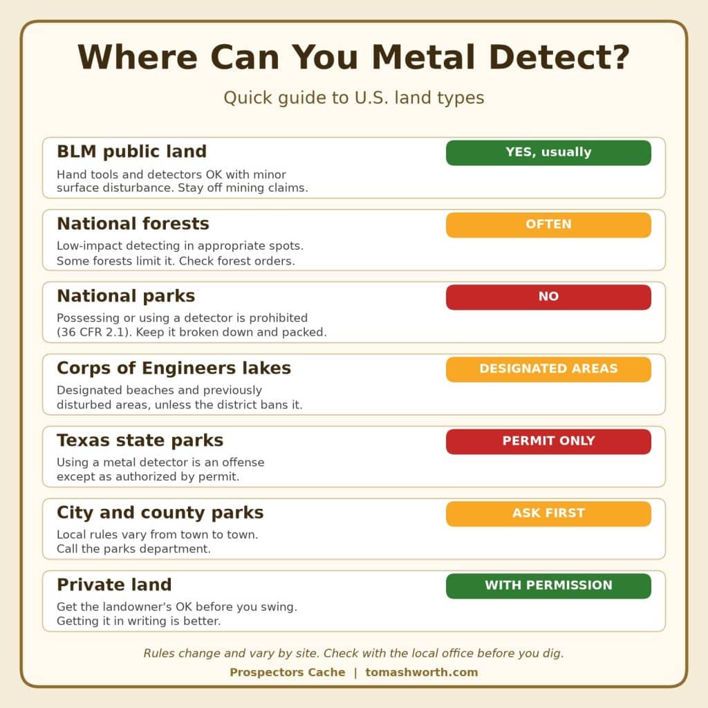 Where Can You Metal Detect? Rules For Blm, National Forests, National Parks, And State Lands 1 Chart showing where you can metal detect on blm land, national forests, national parks, corps of engineers lakes, texas state parks, city parks, and private land