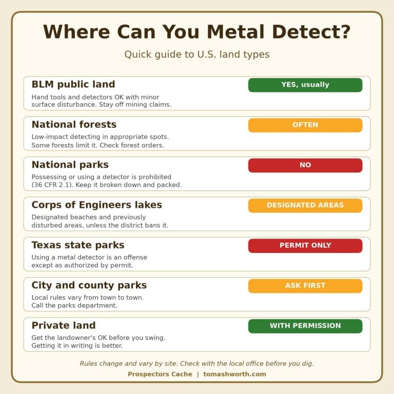 Where Can You Metal Detect? Rules For Blm, National Forests, National Parks, And State Lands 1 Chart showing where you can metal detect on blm land, national forests, national parks, corps of engineers lakes, texas state parks, city parks, and private land